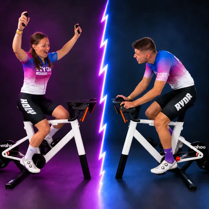 Two friends competing remotely on indoor bikes, separated by a lightning divider, with a woman celebrating her win